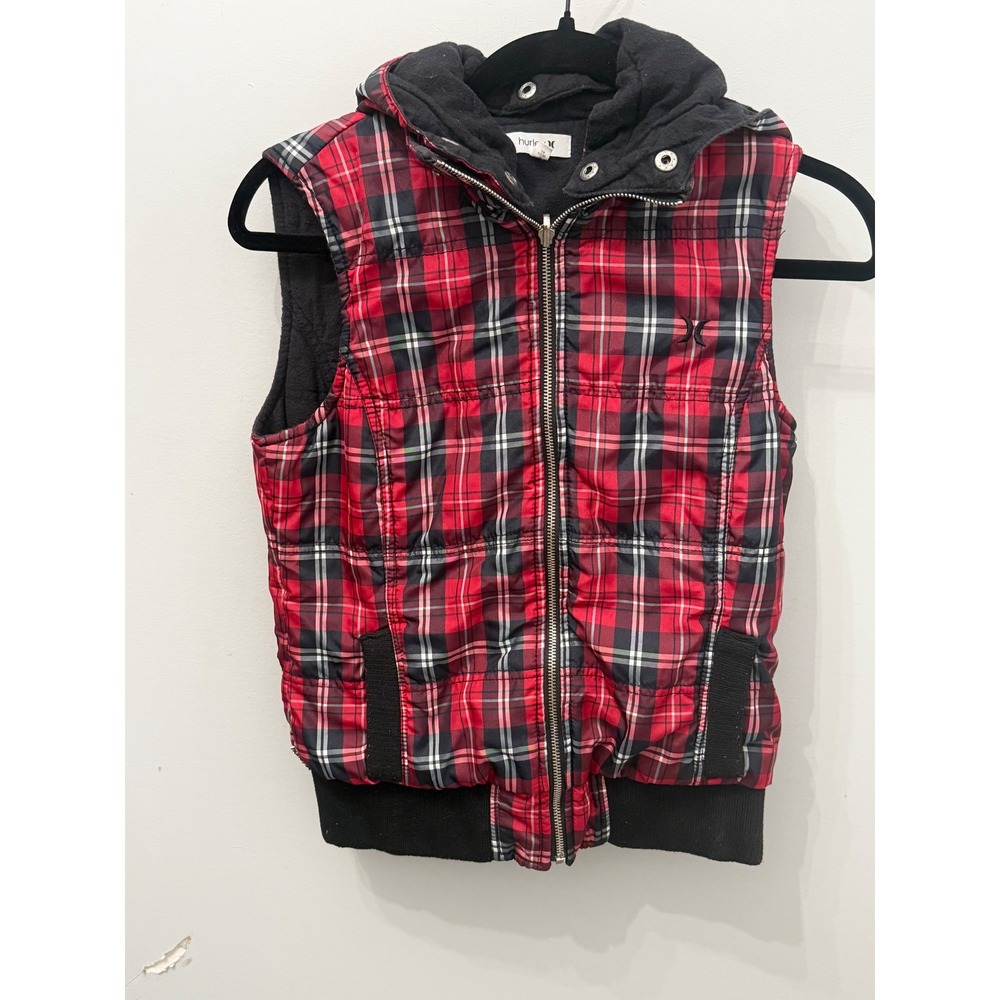 Vintage Hurley Red Plaid Hooded Puffer Vest Fleece Double Hood Size Small